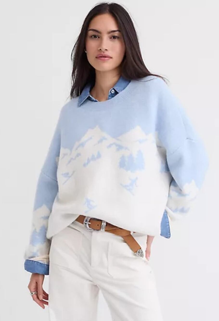 LOFT Mountain Apres Ski Crewneck Sweater Knit Pullover Cottagecore Blue White